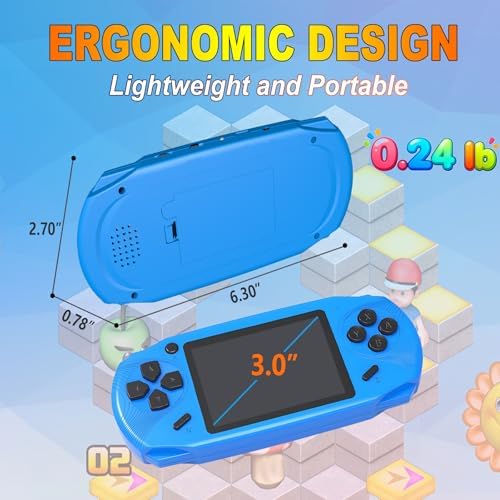 16 Bit Handheld Games for Kids Preloaded 220 Retro Video Games, Blue | 3.0" HD Screen, Rich Gameplay,USB-C Rechargeable, 6+Hrs Play, Portable Travel Toy for Car Flights,Boys Girls Birthdays Gift