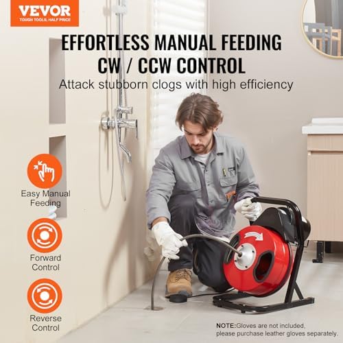 VEVOR Drain Cleaner Machine 50 FT x 1/2 Inch, Manual Feed Sewer Snake Auger with 4 Cutters & Air-Activated Foot Switch for 2" to 6" Pipes
