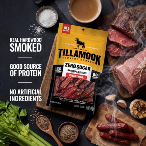 Tillamook Country Smoker Zero Sugar Spicy Jalapeno Smoked Sausages, 10 Oz, 9g Protein, Real Hardwood Slow Smoked High Protein, Low Carb Meat Sticks