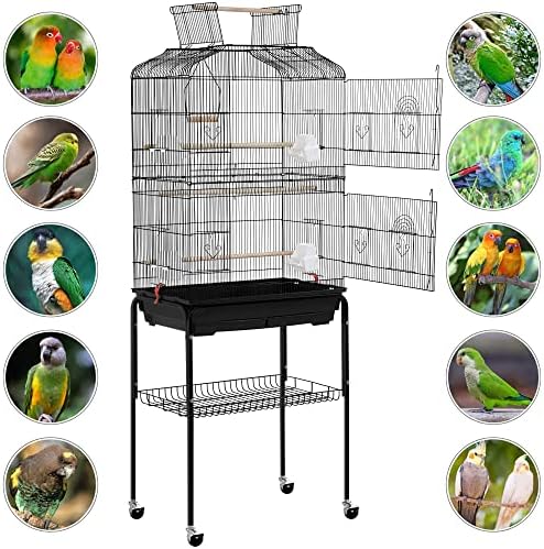 Yaheetech 64'' Open Top Bird Cage for Parakeets & Cockatiels, Black | Detachable Rolling Stand, Easy-clean Slide Tray, Multi-door Access, 3/8" Bar Spacing, Indoor/Outdoor Use