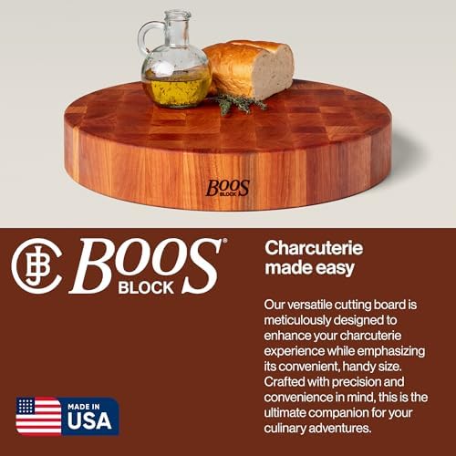 John Boos CCB Series Round Wooden Maple Cutting Board 18”x18” – 3” Thick, 22-lb Non-Reversible Butcher Block with End-Grain – Made in the USA