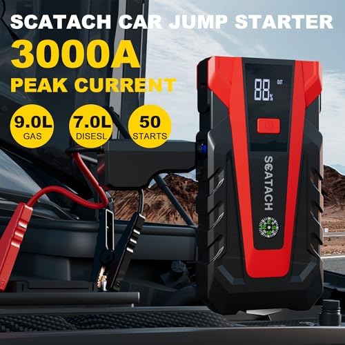 Scatach 6000A Car Battery Jump Starter,12V Portable Jump Starter Battery Pack (up to 9.0L Gasoline and 7.0L Diesel Engine), Jump Box with 3 Modes Flashlights, Jumper Cables, LED Display