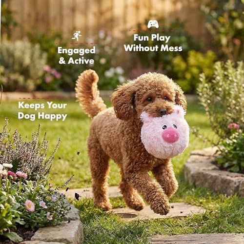 PetLou D.O.G'Z 4-inch EZ Squeaky Pig Dog Plush Toy,Durable Squeaks Bouncy Ball Dog Toy
