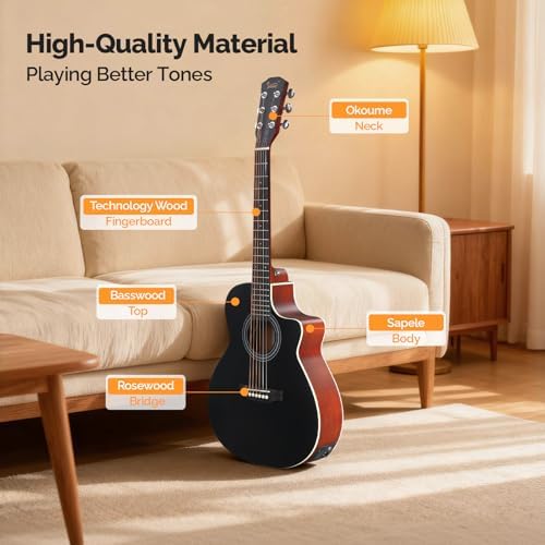 GLARRY 36in Acoustic Electric Guitar Beginner Kit with 15W Amp, 5-band EQ Dreadnought Design 6 Strings Electric Acoustic Guitar with Bag, Strap, Picks