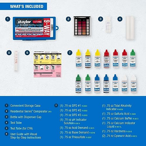 Taylor K-1005 DPD, 9-in-1 Pool Test Kit for Free & Total Chlorine, Bromine, pH, Base Demand, Alkalinity, Calcium Hardness