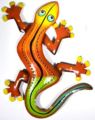 Large 21" Beautiful Unique Orange Yellow Red Gecko Lizard Metal Garden Lanai Tropical Island Wall Art