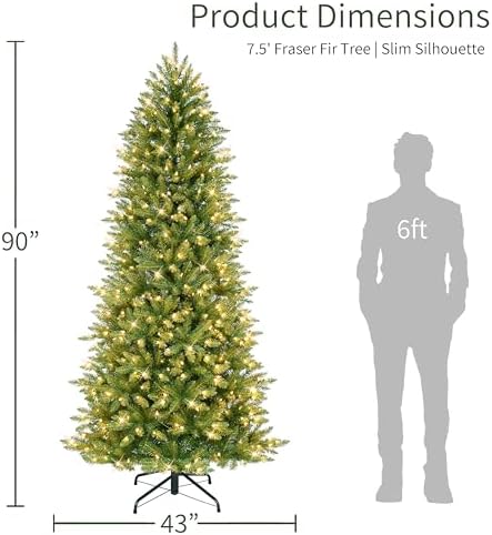 Puleo International 7.5ft Pre-Lit Slim Fraser Christmas Tree with 500 Warm White LED Lights, 1453 Realistic Dense Branch Tips, Easy Setup Artificial Trees with Sturdy Metal Stand