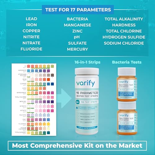 Varify 17in1 Complete Drinking Water Test Kit - 100 Strips + 2 Bacteria Tester Kits - Well, Tap, Home, City Water Testing Strip for Lead, Alkaline