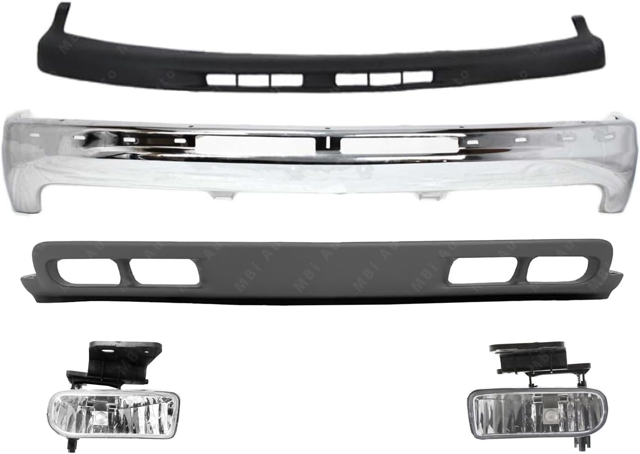 BUNDLE FOR 99-02 SILVERADO 1500 2500LD FRONT BUMPER CHROME FACE BAR UPPER CAP LOWER VALANCE FOG LIGHT W/TOW HOOK HOLE 5PCS GM1051103 GM1002812
