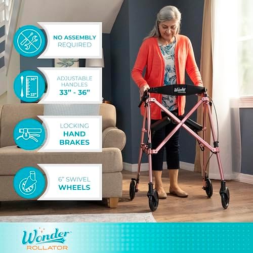 Stander Space Saver Rollator, Lightweight Folding Rolling Walker with Seat for Seniors & Adults, 4-Wheel Mobility Aid with 6-inch Wheels