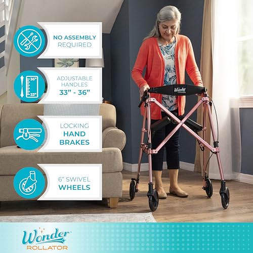 Stander Space Saver Rollator, Lightweight Folding Rolling Walker with Seat for Seniors & Adults, 4-Wheel Mobility Aid with 6-inch Wheels