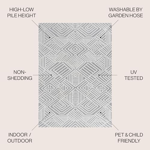 JONATHAN Y Art Deco Geometric Indoor Outdoor Area Rug 3X5 White/Black, Jordan High-Low Pile for Backyard, Patio, Porch, Easy-Cleaning, High Traffic