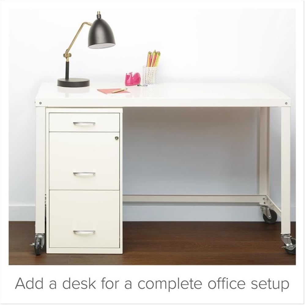 Scranton & Co 3-Drawer Metal Filing Cabinet, 27.32" H x 14.25" W x 18.00" D, Pearl White Finish, Locking Storage with Letter-Size File Drawers, Non-Porous Painted Steel for Home or Office