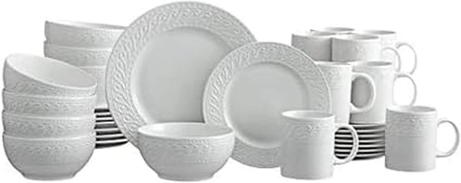 Pfaltzgraff Sylvia Dinnerware Set 32-Piece Service for 8 - White Porcelain Dinner Plates, Salad Plates, Soup Bowls and Mugs with Embossed Scrollwork