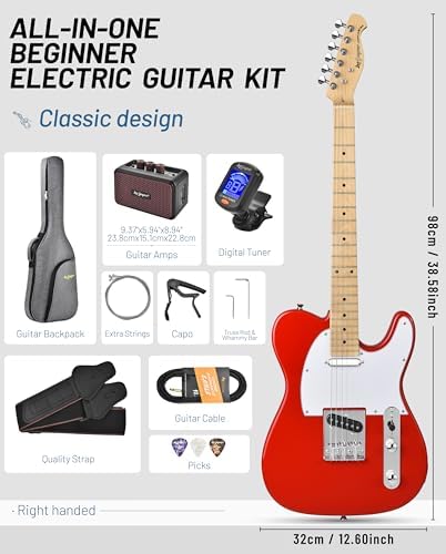 Leo Jaymz Beginner Electric Guitar Complete Kit with Portable Amp, Padded Gig Bag & Full Accessories, Maple Neck (TL-White)