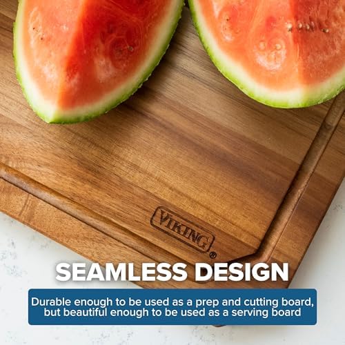 Viking Cutting Board, Acacia Wood Kitchen Butcher Block Carving Board with Juice Groove and Metal Handles, 23 x 14 x 1 Inch