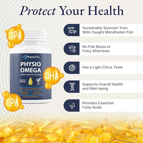 Physio Omega 2400mg Fish Oil with Omega 3 Fatty Acid Supplement - Vascular & Cognitive Supplements for Adults - Non-GMO, Burpless, Light Citrus Flavor, Sustainably Sourced - 1 Pack, 60 Softgels