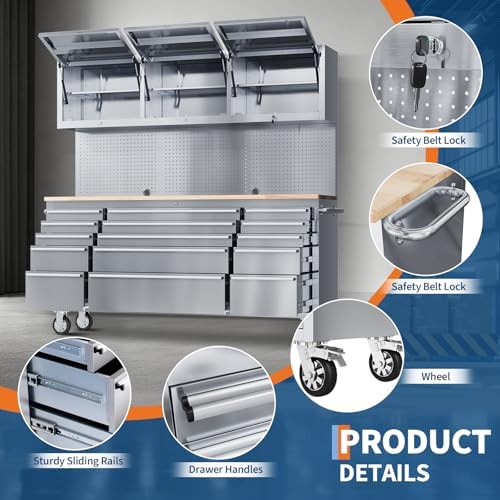 72" Heavy-Duty Rolling Tool Chest & Workbench with 15 Drawers, Steel Rubber Wood Top on Wheels, Key Locking System, Drawer Liners for Garage Warehouse Repair Shop, Black Storage Cabinet.