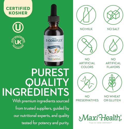 Maxi Health Liquid Vitamin B Complex – 9 Essential B Vitamins Including B1 B6 B12 Drops – Supports Energy, Brain Function