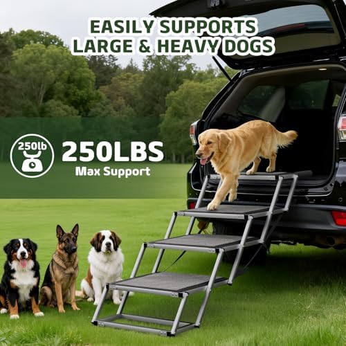 Dog Stairs for Large Dogs, 𝟐𝟎'' 𝐄𝐱𝐭𝐫𝐚 𝐖𝐢𝐝𝐞 Foldable Dog Ramp for Car, SUV & Truck, Non-Slip DogSteps for High Beds