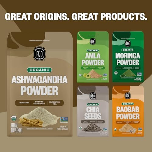 FGO Organic Ashwagandha Root Powder, 16oz Resealable Bulk Bag, Non-GMO, Indian Ginseng, Withania Somnifera, Sourced from India (Pack of 1)