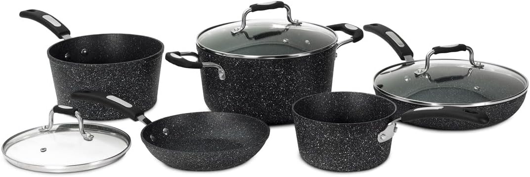 Starfrit The Rock 8PC Non-Stick Cookware Set, Black | Durable Forged Aluminum, Oven Safe, PFOA Free, Easy to Clean