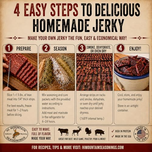 Hi Mountain BOLD & SAVORY Jerky Seasoning and Cure Kit | Variety Pack | Bold & savory flavors: Mandarin Teriyaki, Pepperoni, Sweet & Spicy, Inferno, & Pepper, Beef, Venison, Deer, Elk, Up to 20 lbs