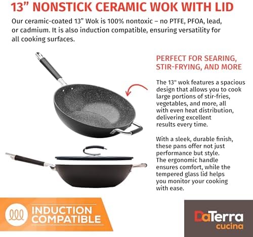 DaTerra Cucina - Nonstick Ceramic Wok with Lid - Oven & Induction Safe, 13"