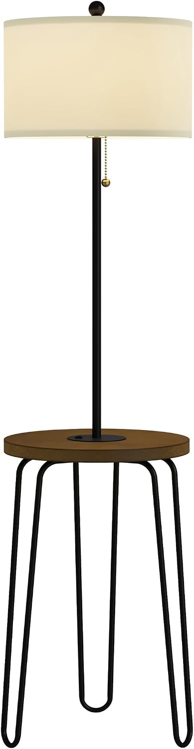 Lavish Home Floor Lamp with Built-In End Table, Brown/Black, 17” x 59” | Modern Side Table with USB Charging Port, LED Bulb, and Hairpin Legs