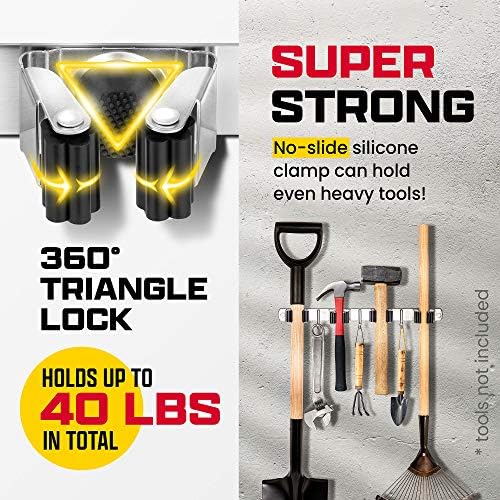 Wall Mount Hanger for Brooms & Mops - Adhesive Stainless Steel Mops & Broom Holder, 4 Clamps, 3 Hooks