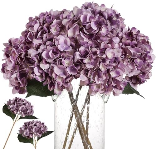 Kisflower 6pcs White Hydrangea Artificial Flowers - Faux Hydrangea Flowers, Fake Silk Flowers for Table Centerpiece