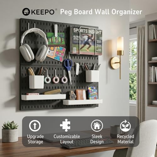 Keepo Peg Board Wall Organizer – Plastic Pegboard Panels, Modular Peg Board Storage System For Home Office, Craft Room, Gaming Setup (White