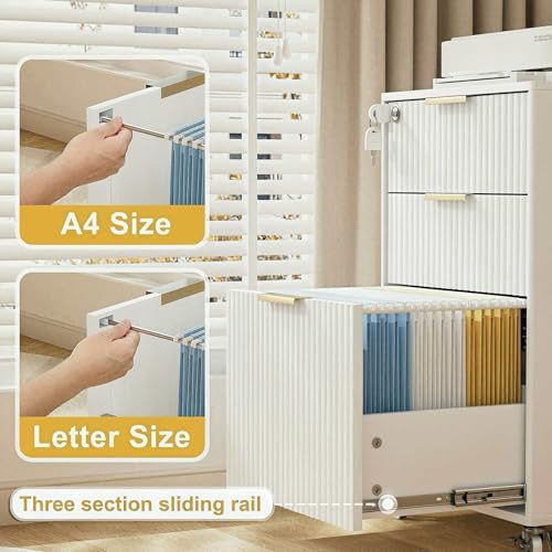 3 Drawers Fluted Mobile File Cabinet with Lock, Rolling File Cabinet Printer Stand Table, Under Desk Wooden Filing Cabinets for Home Office Essentials Storage Organization Furniture Letters/A4(Oak)