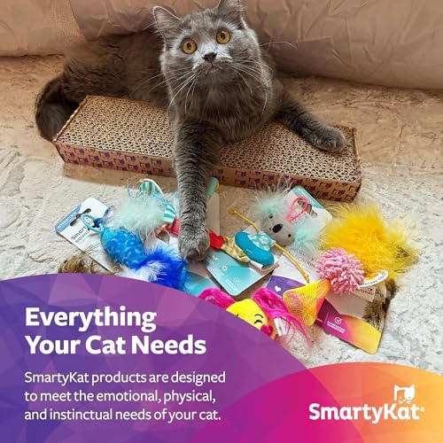 SmartyKat Scratch 'N Spin Carpet Cat Scratching Post with 2 Spinning Wand Toys, Plus 2 Replacement Wands - Gray & Blue