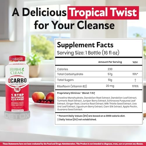 Herbal Clean Qcarbo16 Same-Day Detox Cleanse Drink (16 fl oz) - Tropical Flavor Full Body Cleanse* Detox Drink for Moderate Toxin Level*