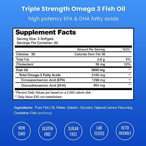 Triple Strength Omega 3 Fish Oil 3600 mg | EPA & DHA | 180 Softgels | Burpless Fish Oil Supplement