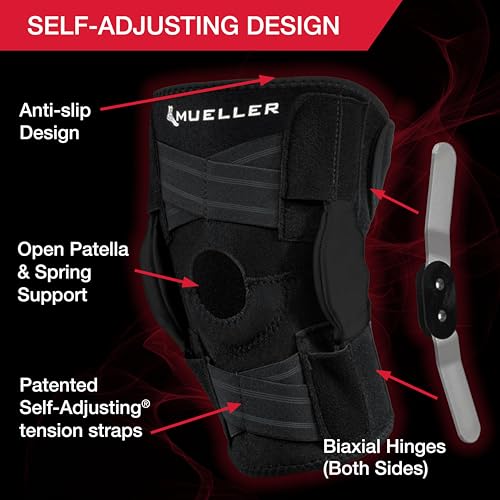MUELLER Sports Medicine Self Adjusting Hinged Knee Brace for Men and Women, Knee Stabilizer for Compression and Pain Relief Support, Ideal for Arthritis, Sprains, Black, One Size