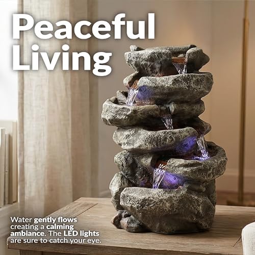 Sunnydaze 15" 6-Tier Tabletop Water Fountain with LED Lights, Stone Falls | Indoor Tabletop Fountain, Calming Sounds