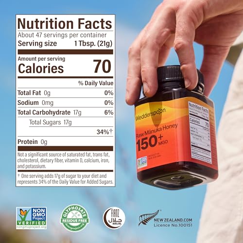 Wedderspoon Raw Manuka Honey 150+ MGO, 17.6 Oz, Unpasteurized New Zealand Honey, Non-GMO, BPA-Free Jar, Superfood & Natural Wellness Support | Unpasteurized New Zealand Honey, Non-GMO, BPA-Free Jar, Superfood & Natural Wellness Support