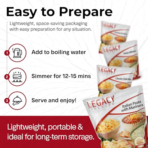 Legacy Food Storage 32 Serving Emergency Food Supply Bucket, 8 Entrees, 12,440 Total Calories, Shelf Stable Lunch & Dinner, Freeze Dried Survival Meals for MRE Camping, Hiking, Prepping