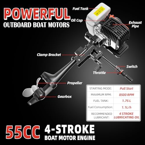 4HP 4 Stroke Outboard Motor Boat Engine, Heavy Duty 55CC Boat Motor with Air Cooling CDI System