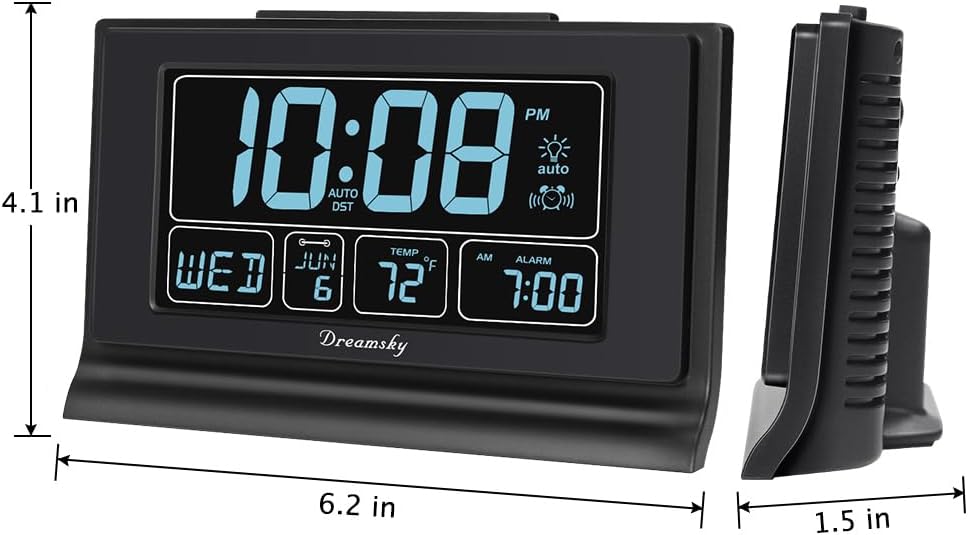 DreamSky Alarm Clocks for Bedrooms with Battery Backup, Auto Set | Digital Clock with Date & Day of Week, 5 Inch Large Display, Weekday, Temperature, USB Port, Auto DST, Brightness Dimmer