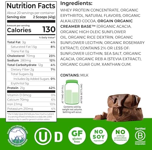 Orgain 21g Grass-Fed Whey Protein Powder, 5g BCAAs, Chocolate, 1.82lb | Dairy protein, 5g BCAAs, 4g prebiotic fiber, no sugar added, no added hormones, gluten free, kosher, for shakes & smoothies