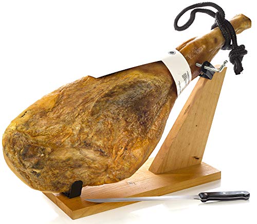 Serrano Ham Bone in from Spain 15-17 lb with Ham Stand & Knife - Cured Spanish Jamon with NO Nitrates or Nitrites all Natural - GMO Free and Gluten