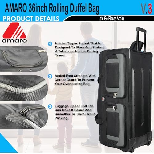 AMARO 36 Inch Rolling Duffle Bag with Wheels, Extra Large Heavy Duty Travel Duffel Luggage with Telescopic Handle, Multiple Pockets, Collapsible Storage, Black/Grey