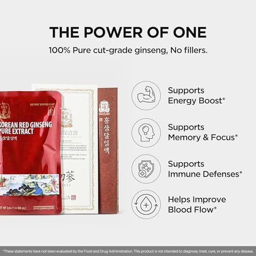 Jung Kwan Jang Korean Ginseng Pure Extract Cut - Immnue Support 30 Pouches | Sorted By Root Grade: Earth, Good & Cut, Korean Red Panax Ginseng, Ready-To-Consume Packet Supplement Drinks for Men & Women