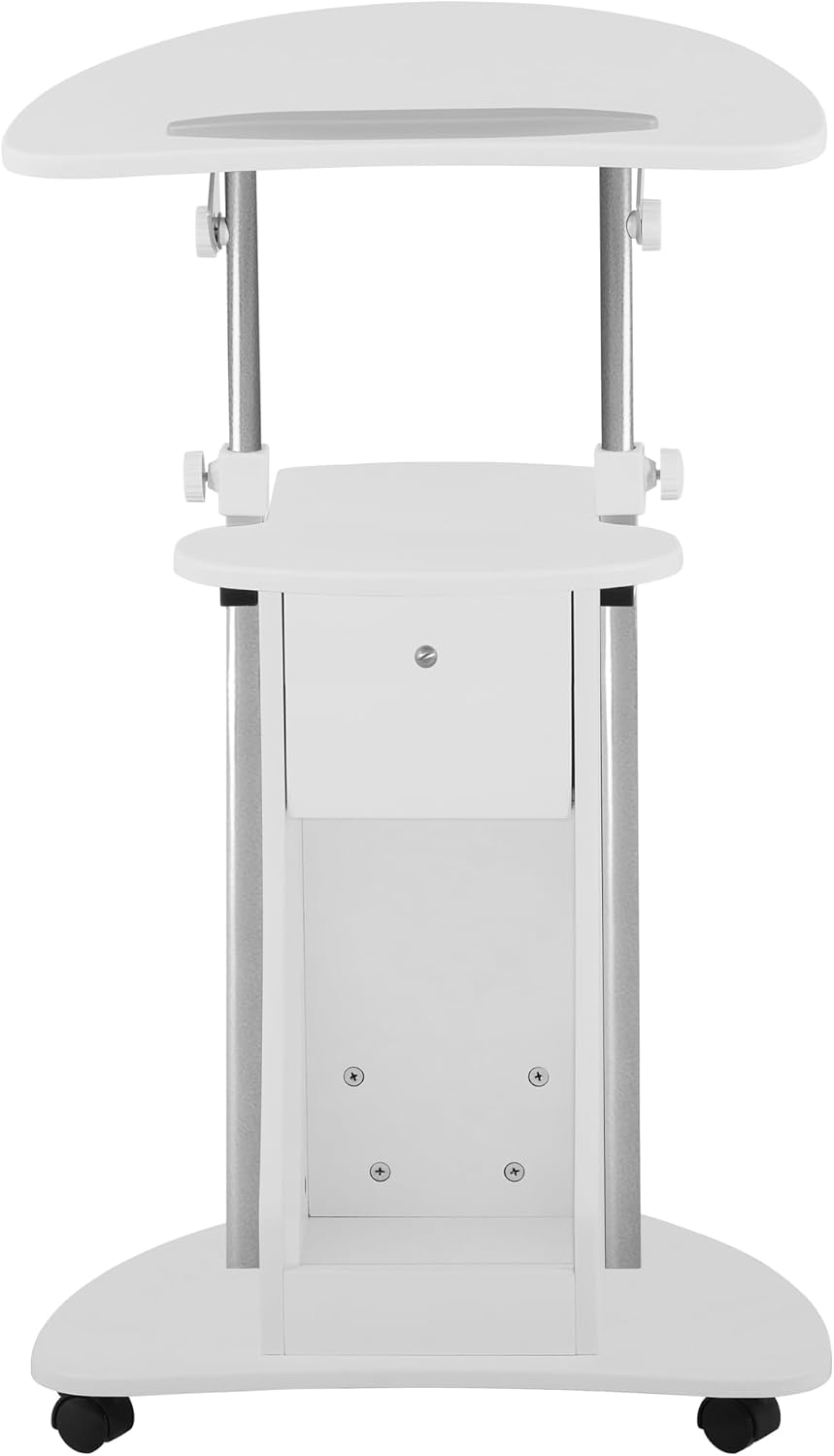 Techni Mobili Adjustable Height Rolling Laptop Cart with Storage, Graphite | Adjustable height rolling laptop cart with storage drawer, open shelf, wheels, sit‑stand design for office or medical use