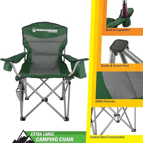 Oversized Camping Chair 300lbs - Heavy Duty Folding Chair with Cooler Pouch and Carry Bag for Camp Sites, Tailgates, or Beach by Wakeman (Blue)