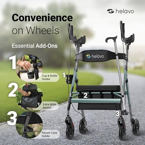 Helavo 28.3" Extra Wide Bariatric Upright Walker, 500 lbs Capacity | All Terrain Tall Standing Rollator, Padded Armrests, Height Adjustable