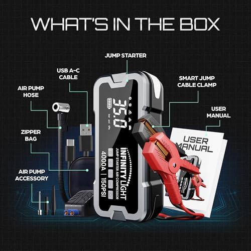 4000A Jump Starter 150 PSI Air Compressor Tire Inflator Cordless Air Pump, 12V Portable Car Battery Booster, LED Display, 12000mAh Power Bank